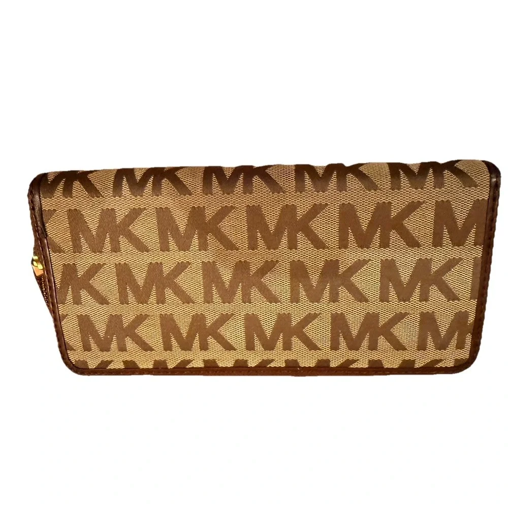 Michael Kors Jet‎ Set Wallet Continental Gold Logo Zip Around Beige Ebony Mocha